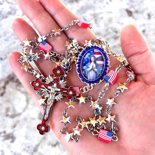 American Patriotic Mother Mary Rosary: 250th Birthday Celebration Beads