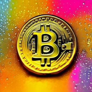 May include: A gold-colored Bitcoin cryptocurrency coin with the Bitcoin symbol in the center. The coin is on a colorful background with water droplets.
