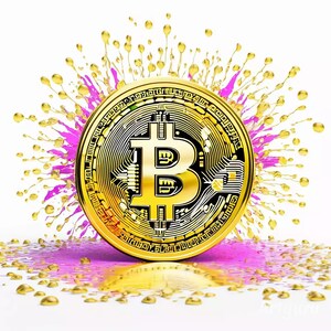 May include: A gold Bitcoin coin with a pink and gold paint splatter background.