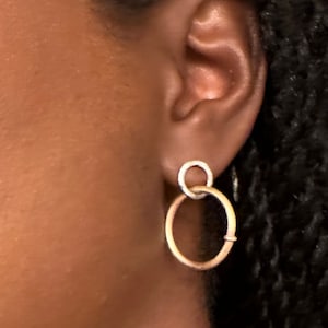 Silver open circle stud and brass medium hoop  dangle earrings for women. Exquisite Bohemian jewelry gift.
