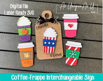 レーザー SVG カット ファイル、コーヒー フラッペ交換可能サイン、コーヒー フラッペ オーナメント、ティアード トレイ装飾、デジタル ダウンロード、レーザー対応ファイル