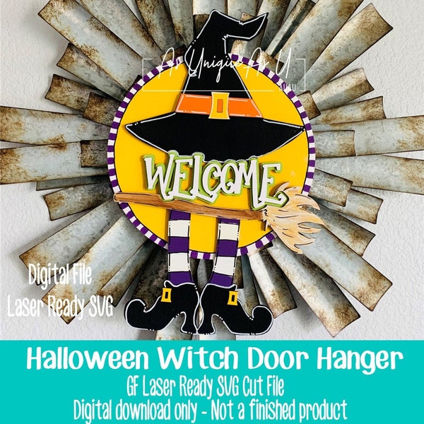 Laser SVG Cut File, Door Hanger Witch Welcome, Halloween wall hanging, Witches hat, Hocus Pocus, Digital Download, Laser Ready File