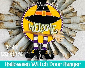 Laser SVG Cut File, Door Hanger Witch Welcome, Halloween wall hanging, Witches hat, Hocus Pocus, Digital Download, Laser Ready File