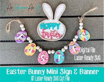 Laser SVG Cut File, Tiered Tray Easter set, Hoppy Easter Sign, Easter Egg Banner, Easter Basket Tag, Digital Download, Laser Ready File