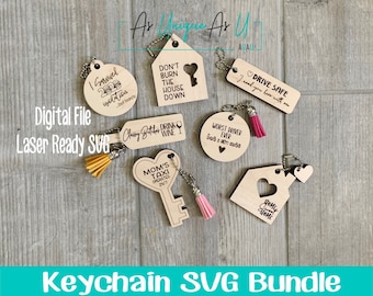 レーザー SVG カット ファイル、キーチェーン SVG バンドル、キーチェーン ブランク、面白いキーチェーンの格言、Glowforge デジタル ファイル