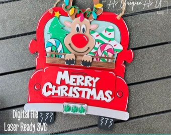 Laser SVG Cut File, Door Hanger Christmas Truck Reindeer, Christmas wall hanging, Holiday Paint Kit SVG, Digital Download, Laser Ready File