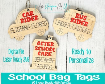 Laser SVG Cut File, School Bag Tags, Backpack Tags SVG, Back To School Laser Cut file,  Digital Download, GF Laser Ready File