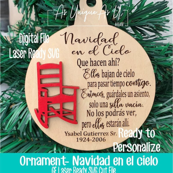 Archivo de corte svg láser, ornamento Navidad en Cielo, ornamento conmemorativo español, descarga digital, archivo listo para láser Glowforge