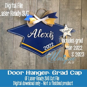 Laser SVG Cut File, Door Hanger Graduation Cap, Class of 2022, Graduation Cap with Diploma, Digital Download, GF Laser Ready File image 1