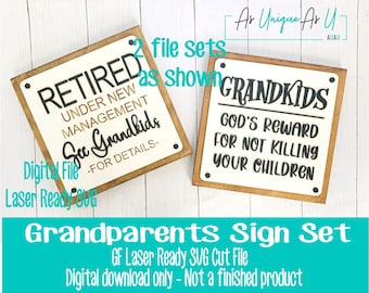 Laser SVG Cut File, Grandkids quote sign SVGs, Retired under new management, SVG  Digital Download, GF Laser Ready File