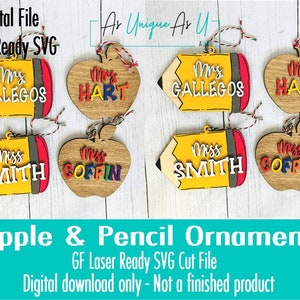 Laser SVG Cut File, Ornament Pencil, Apple Ornament, Teacher Ornament Digital Download, Laser Ready File