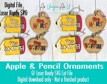 Laser SVG Cut File, Ornament Pencil, Apple Ornament, Teacher Ornament Digital Download, Laser Ready File