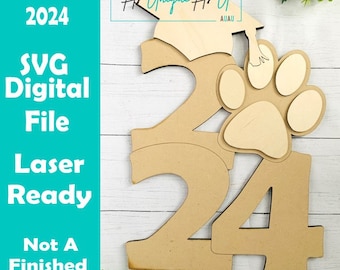 Laser SVG Cut File, Door Hanger 2024 with Graduation Cap, Class of 2024, Graduation Decor, Digital Download, GF Laser Ready File