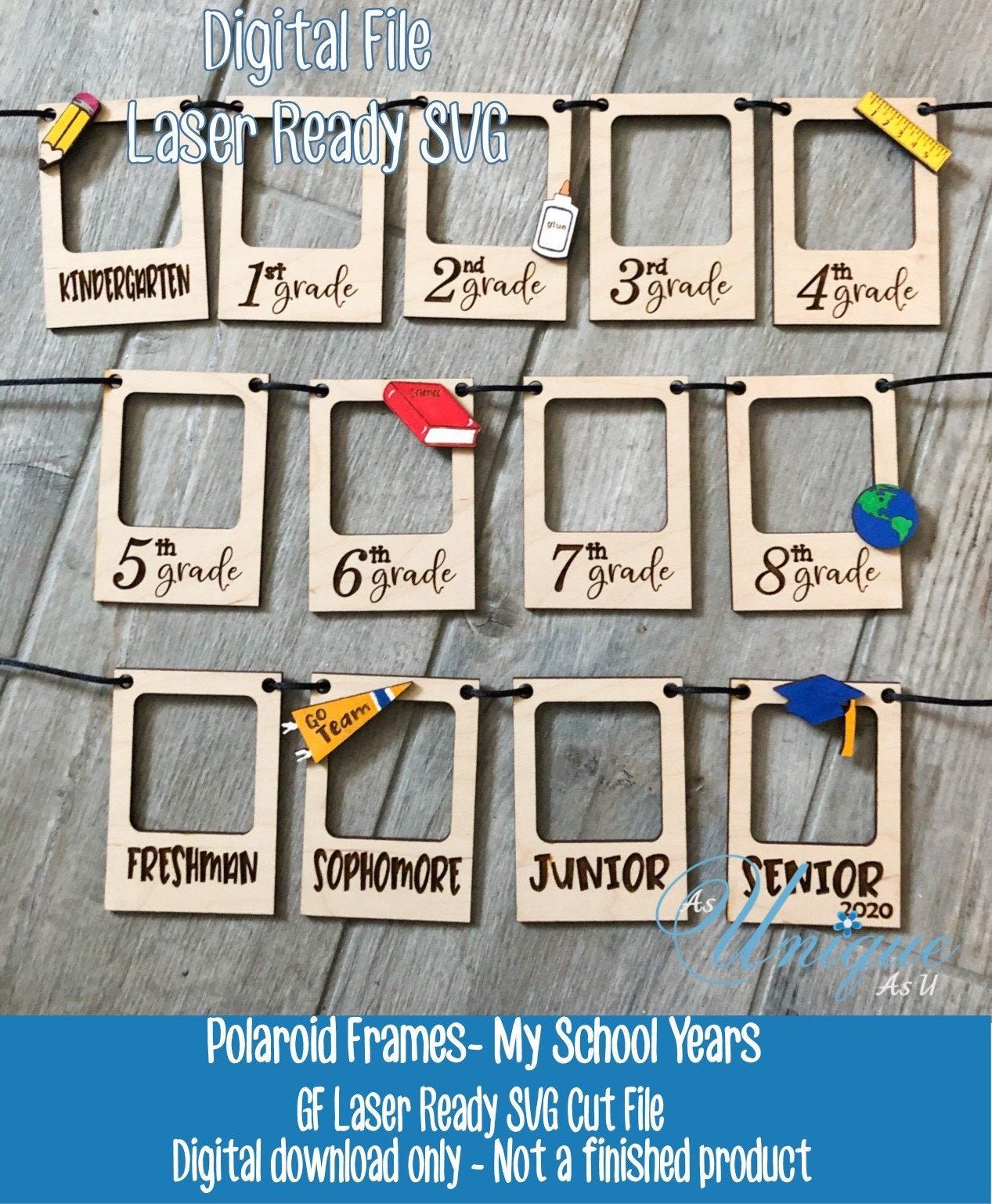 レーザー SVG カット ファイル、ポラロイド フォト フレーム My School Years、学校写真バナー、デジタル ダウンロード、GF レーザー対応ファイル