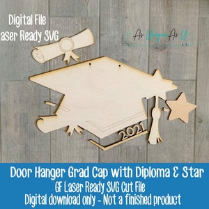 Laser SVG Cut File, Door Hanger Graduation Cap, Class of 2022, Graduation Cap with Diploma, Digital Download, GF Laser Ready File image 3