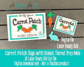 Laser SVG Cut File, Carrot Patch Easter Sign, Carrots Tiered Tray Easter set, Carrot and Bunny Die Cut, Digital Download, Laser Ready File