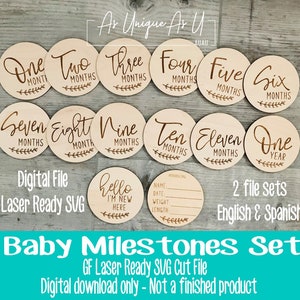 Arquivo de corte SVG a laser, conjunto Baby Milestone, inglês e espanhol, acessórios para fotos de bebês, download digital, arquivo pronto para laser Glowforge
