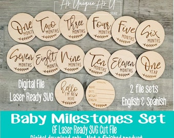 Laser SVG Cut File, Baby Milestone set, English and Spanish, Baby Photo Props, Digital Download, Glowforge Laser Ready File