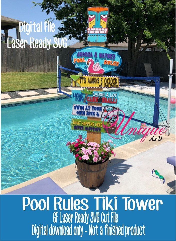 Laser SVG Cut File, Pool Rules Tiki Tower, Pool Rules, Patio