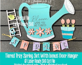 Laser SVG Cut File, Tiered Tray Spring Set, Flower pot mini sign, Spring Watering Can, Door Hanger  Digital Download, Laser Ready File