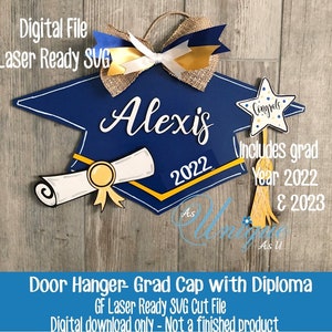 Laser SVG Cut File, Door Hanger Graduation Cap, Class of 2022, Graduation Cap with Diploma, Digital Download, GF Laser Ready File image 2