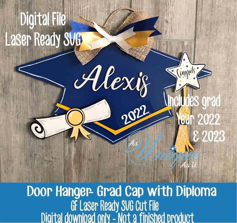 Laser SVG Cut File, Door Hanger Graduation Cap, Class of 2022, Graduation Cap with Diploma, Digital Download, GF Laser Ready File image 2