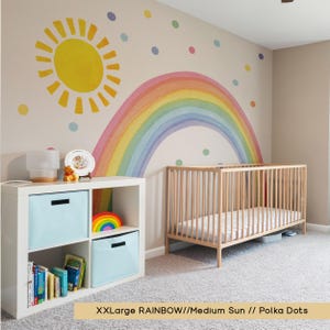 Large Rainbow Wall Sticker Sun Polka Dots Watercolor Wall Decal For Nursery, Rainbow Wall Decal, Sun Wall Decal, Polka Dots Wall Sticker