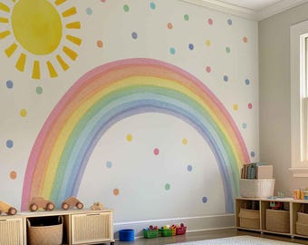 Muursticker aquarel regenboog: zon en stippen kinderkamer