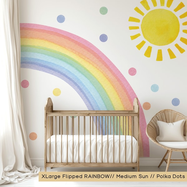 Vinilo decorativo de arcoíris con acuarela: decoración infantil con sol y lunares