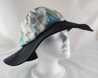 Floppy Sun Hat: Black Brim, Beach Scene, Sea Life, Cotton