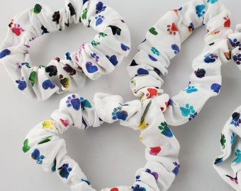 Rainbow Puppy Paw Prints On White Scrunchie Hair Tie