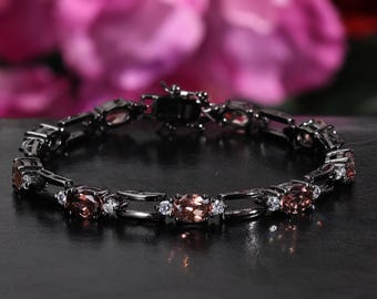 Natural Tourmaline Bracelet 925 Silver Black Plated, Oval Pink Brown Gemstone Bracelet, Handmade Dark Elegant Jewelry for Women Gift
