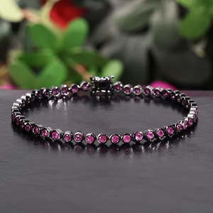 Natural Ruby Bracelet 925 Silver Black Plated, Round Pink Red Gemstone Bead Bracelet, Handmade Dark Gothic Chunky Jewelry for Women Gift