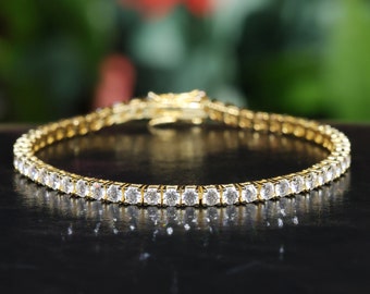 Pulsera de tenis de moissanita, plata de ley bañada en oro amarillo de 18 quilates, redonda de 3 mm, regalo para mamá.