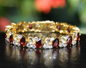 Natural Garnet bracelet 18K Yellow Gold Plated, Tennis Bracelet for Women, Wedding Bracelet, Gift For Her, Natural Garnet Tennis Bracelet