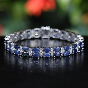 Natural Sapphire bracelet 18K White Gold Plated, Sapphire Tennis Bracelet for Women,Gift For Her, Oval Shaped Sapphire Bracelet