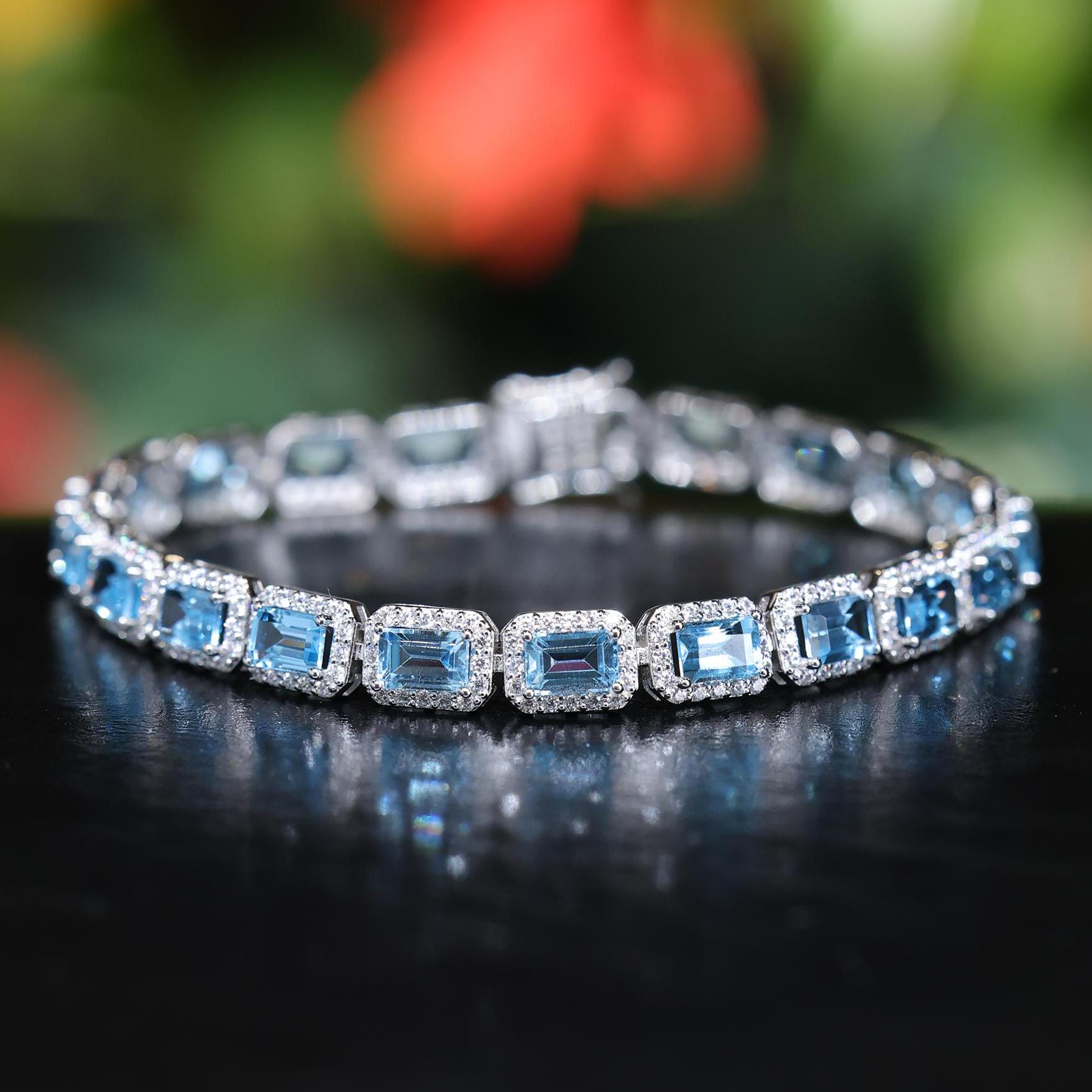 Natural Swiss Blue Topaz Bracelet, 18K White Gold Plated, Topaz Tennis Bracelet for Women, Gift For Her, Natural Blue Topaz Bracelet