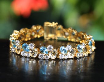 Blue Topaz Bracelet, 18K Yellow Gold Plated, Topaz Tennis Bracelet for Women, Wedding Bracelet, Gift For Her, Natural Blue Topaz Bracelet