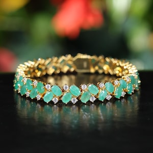 Women Emerald bracelet 18K Yellow Gold Plated, Emerald Tennis Bracelet for Women, Gift For Her, Oval Emerald Tennis Bracelet