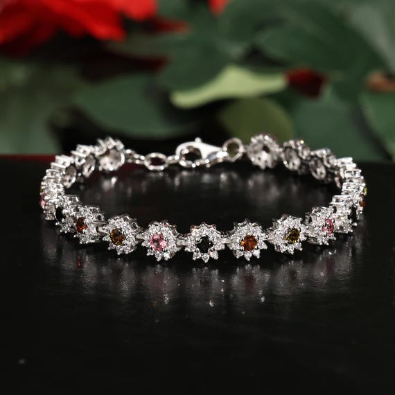 3mm Round Shaped Natural Tourmaline Bracelet 18k White Gold Plated
