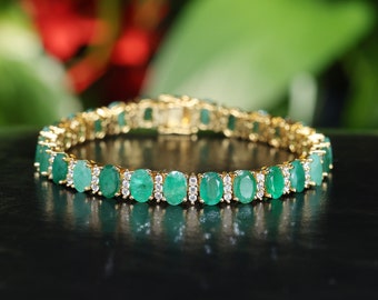 Women Emerald bracelet 18K Yellow Gold Plated, Emerald Tennis Bracelet for Women, Gift For Her, Emerald Halo Tennis Bracelet