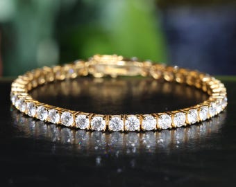 Pulsera de tenis de moissanita, plata de ley bañada en oro amarillo de 18 quilates, redonda de 4 mm, regalo para mamá.