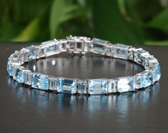 Natural Swiss Blue Topaz bracelet 18K White Gold Plated, Topaz Tennis Bracelet for Women, Gift For Her, Statement Bracelet For Her