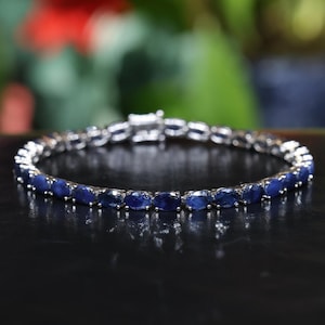 Natural Sapphire bracelet 18K White Gold Plated, Sapphire Tennis Bracelet for Women,Gift For Her, Oval Sapphire Tennis Bracelet