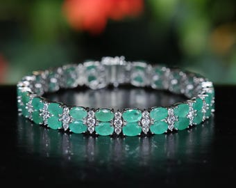 Women Emerald bracelet 18K White Gold Plated, Emerald Tennis Bracelet for Women, Gift For Her, Emerald Halo Tennis Bracelet