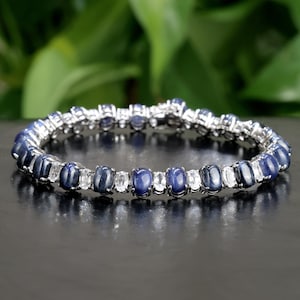 Natural Sapphire bracelet 18K White Gold Plated, Sapphire Tennis Bracelet for Women, Gift For Her, Sterling Silver Tennis Bracelet