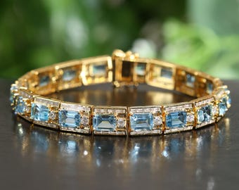 Blue Topaz Tennis Bracelet, 18K Yellow Gold Plated Sterling Silver, Gift for Mom
