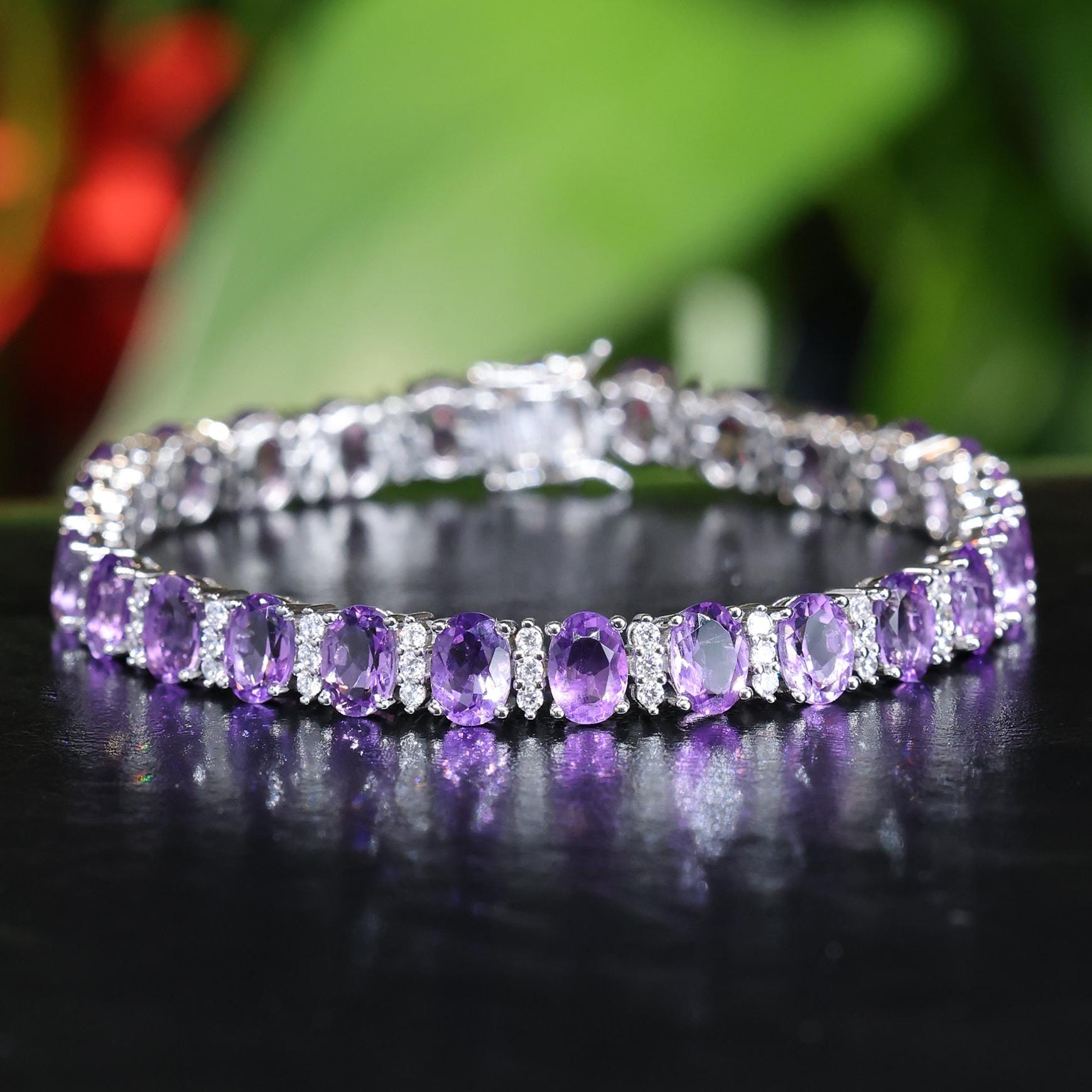 Natural Amethyst Tennis Bracelet, 18K White Gold Plated, Sterling Silver, Gift for Mom