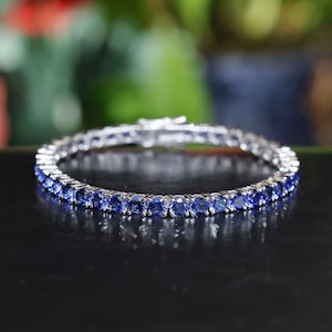 ラボグロウンサファイアテニスブレスレット、18Kホワイトゴールドメッキ、スターリングシルバー、彼女へのギフト