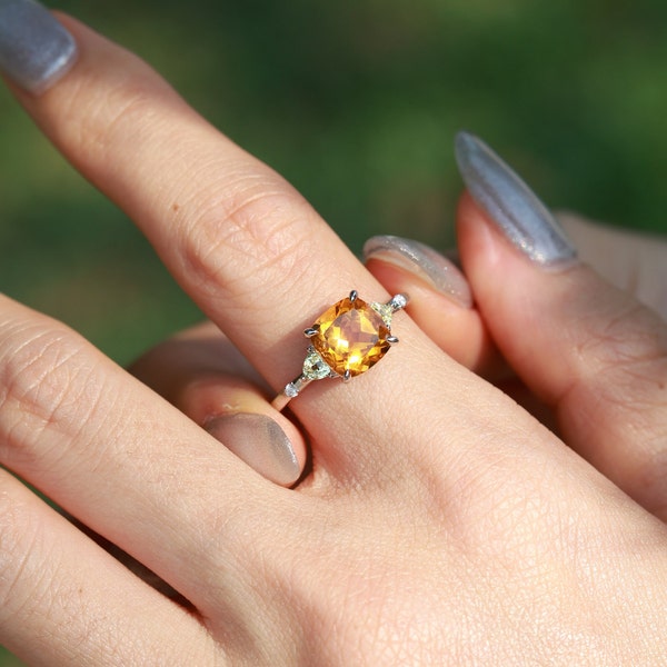 Natural Citrine Ring, 18k white plated Ring,2.08ct Cushion Citrine with Moissanite Band, Engagement Ring, Unique Ring for Anniversary Gift